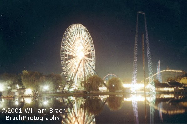 Great view from across Fun Lake.  Here we see the Giant Wheel, Sky Coaster, Predator, and Superman.  About thirty seconds after this photo was taken, all the ride lights except the Giant Wheel turned off - indicating it was closing time.