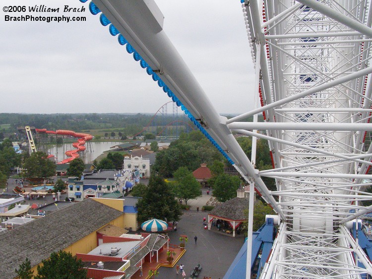 A view of some of the park from the Giant Wheel.  The Big Kahuna (red slide) was new for 2006 from the recently closed Six Flags Astroworld in Houston, Texas.