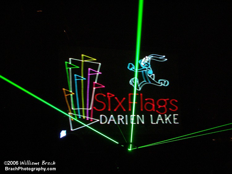 The Six Flags Darien Lake name, logo and Bugs Bunny in laser lights.