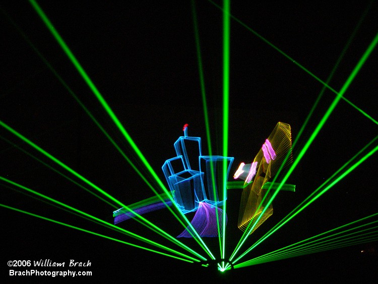 Laser show flying through downtown Rochester.