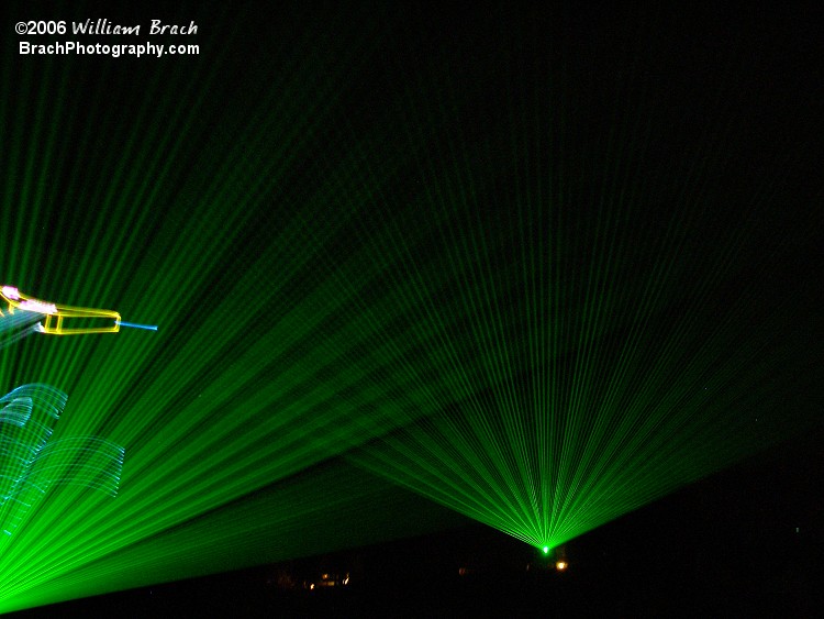 These green laser lights provded a cool ceiling - when the foggers were going, it would appear that you were under the clouds.