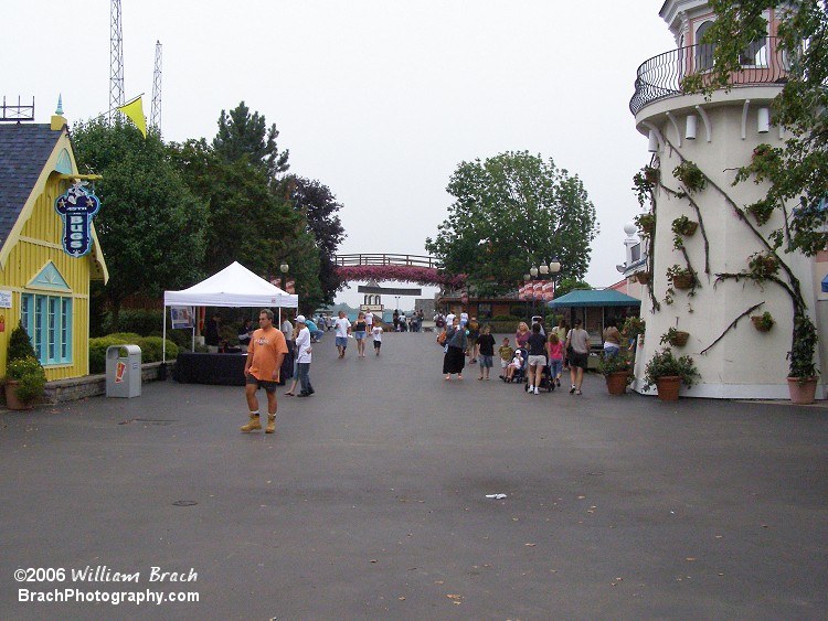 Six Flags Darien Lake's entrance plaza.  Entrance to the water park is to the right of the lighthouse.