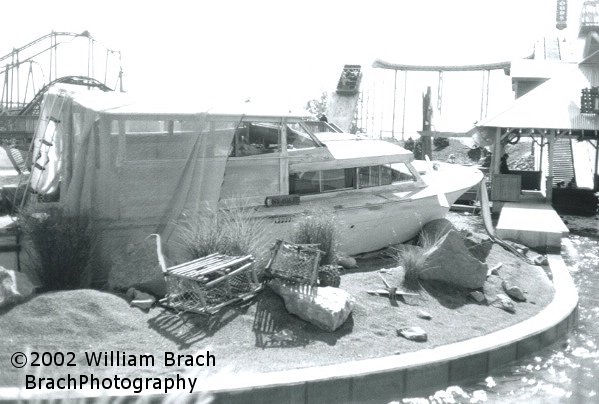 A B&W 35mm print of the props in use on Shipwreck Falls.  Ther's a boat going down the falls in the background.