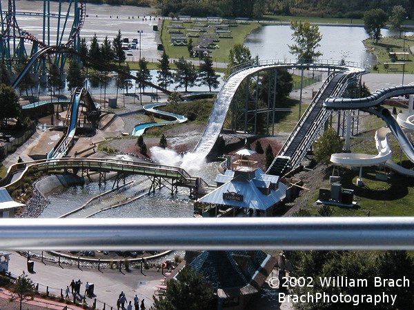 Watching a boat make a splash once it hits the huge water pool.