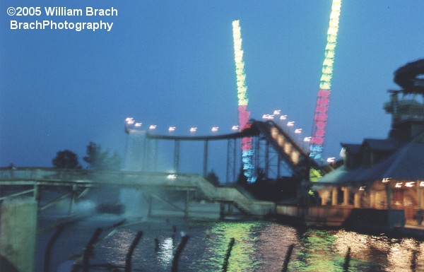 Shipwreck Falls all lit up at night.