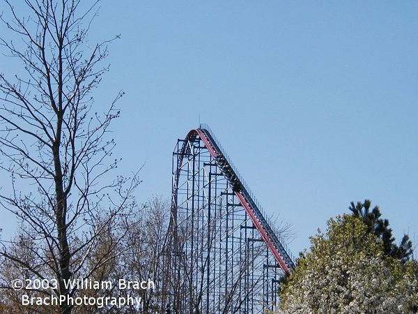 Train climbing the lift hill on Superman: Ride of Steel.