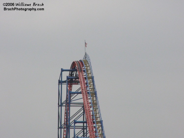 Top of the 208ft tall lift hill on Superman: Ride of Steel.