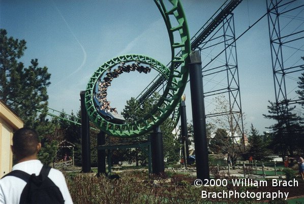 Viper blue train running through the corkscrew.