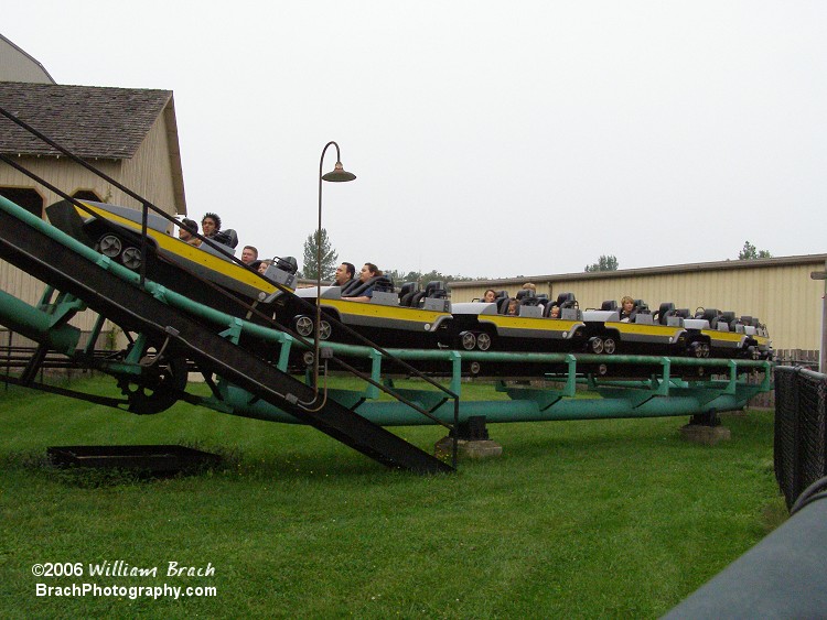 Viper has three trains.  Red, blue and yellow as you can see here - it's starting to climb the lift hill.