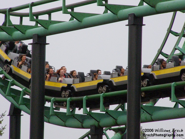 Yellow train exiting the boomerang element.