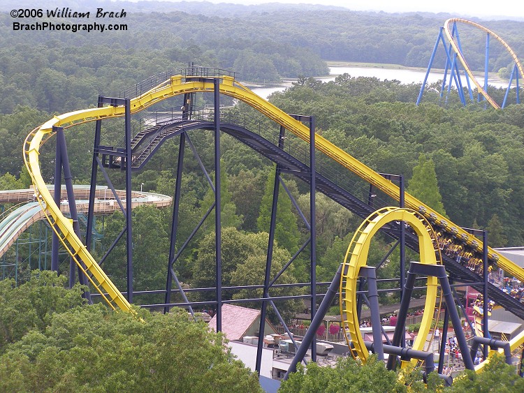 Batman: The Ride's lift hill and first drop that leads directly into the vertical loop.