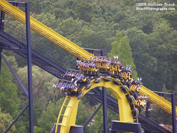 Batman: The Ride train running through the vertical loop.