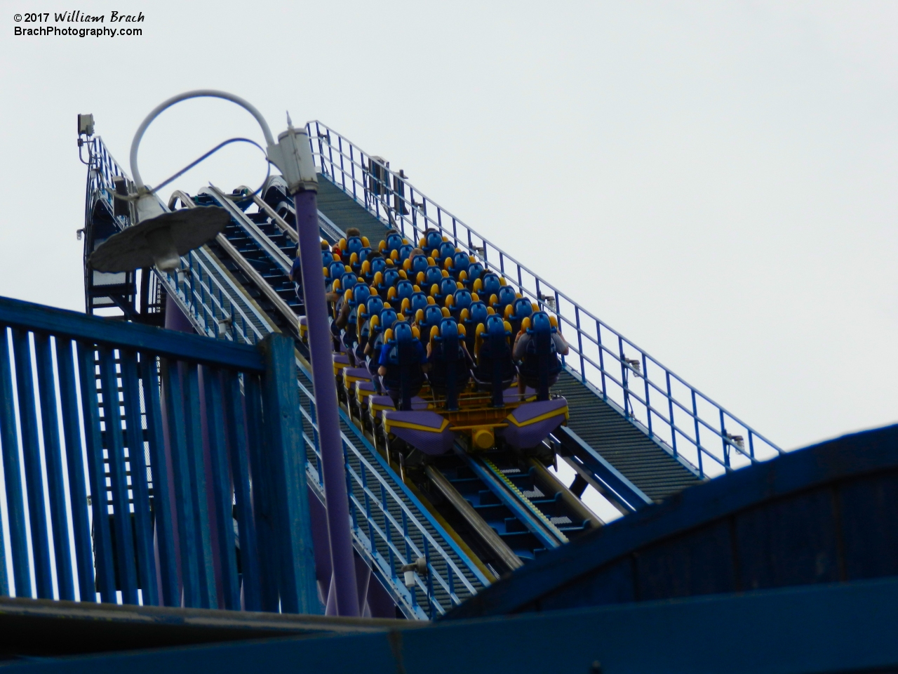 Bizarro train climbing up the lift hill.