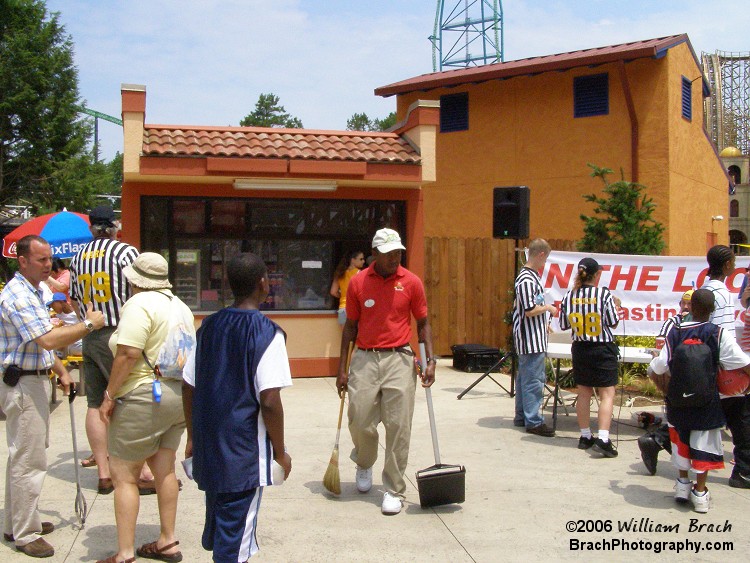 Coaster Crew members setting up for the Live Podcast in front of El Toro at Six Flags Great Adventure.