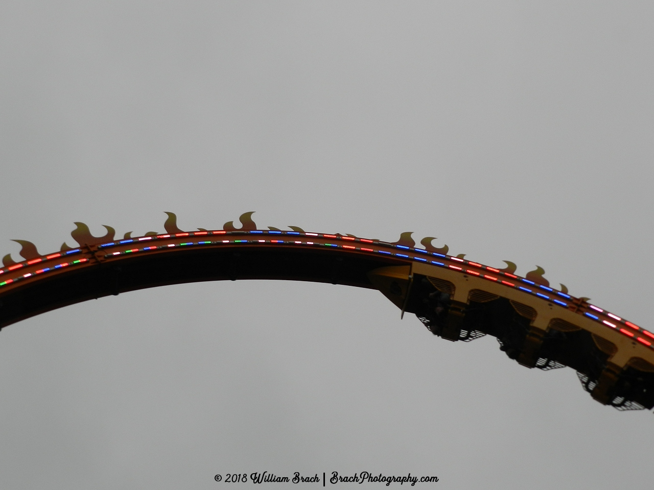 Very nicely lit up ride makes for quite a light show at night.  Taking a closer look at the flames on the top of the ride and the LEDs.