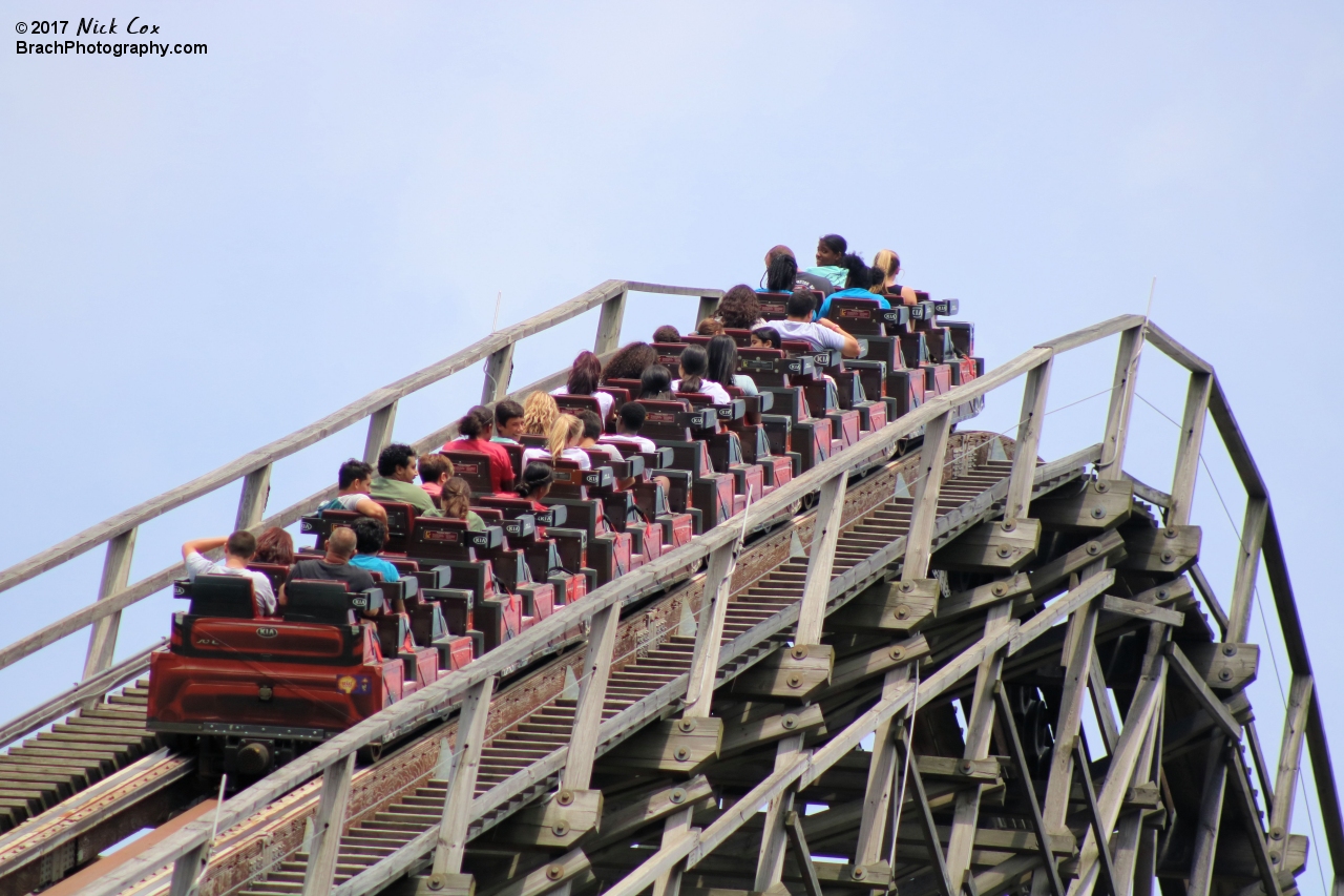 The train at the top of the lift hill.