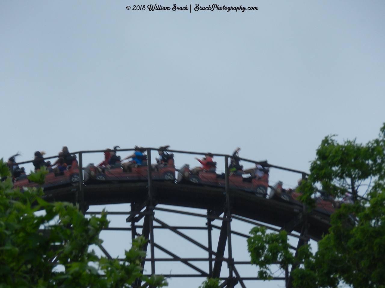 El Toro train rushing by on one of the many hills the ride has.