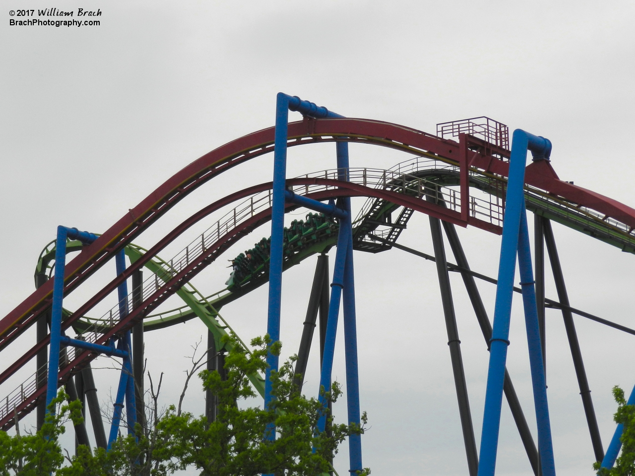 Green Lantern train leaving the lift hill.