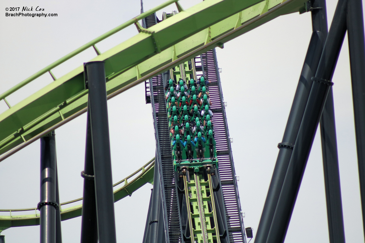 The train going up the lift hill.