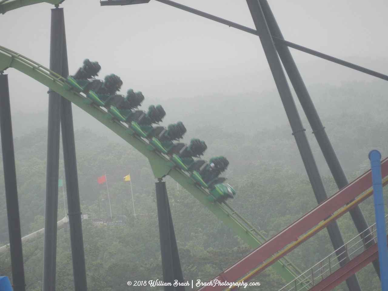 Green Lantern train going down the first drop.