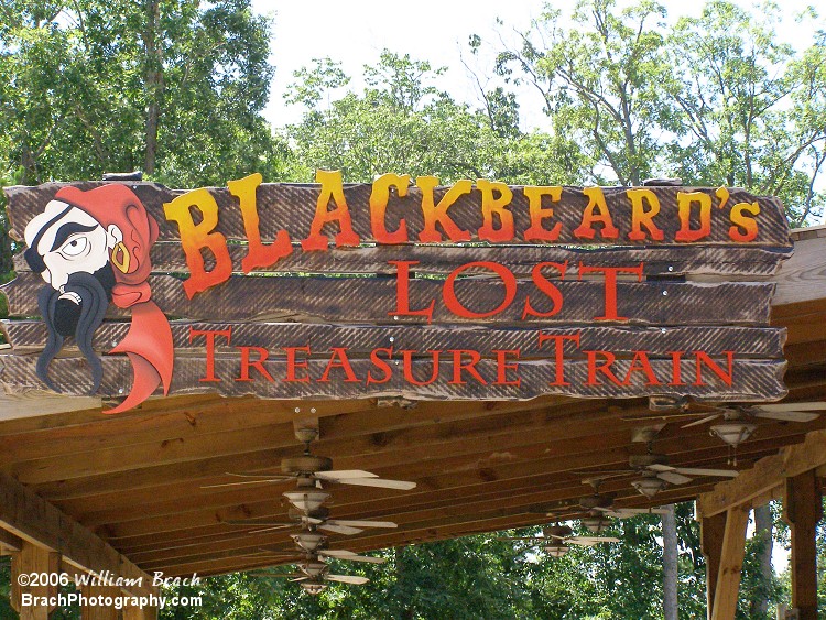 The ride sign for Blackbeard's Lost Treasure Train.