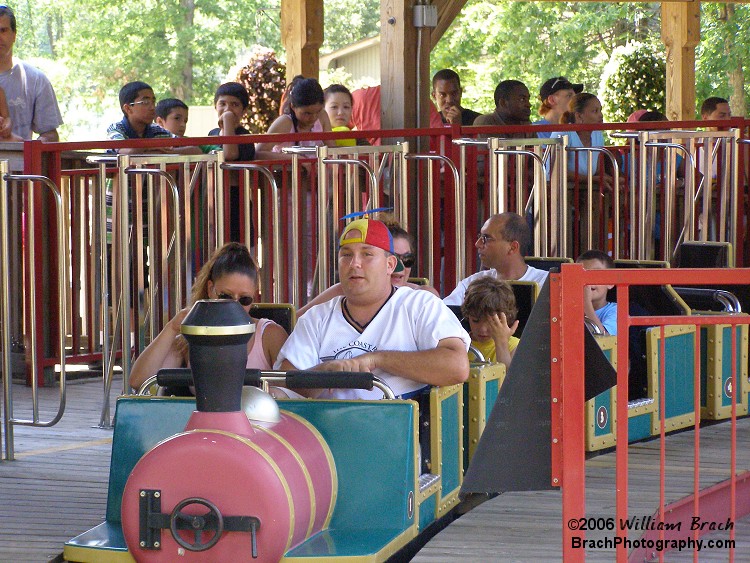 Coaster Crew's Head Honcho, Clint Novak in the front car with his famous beanie on.