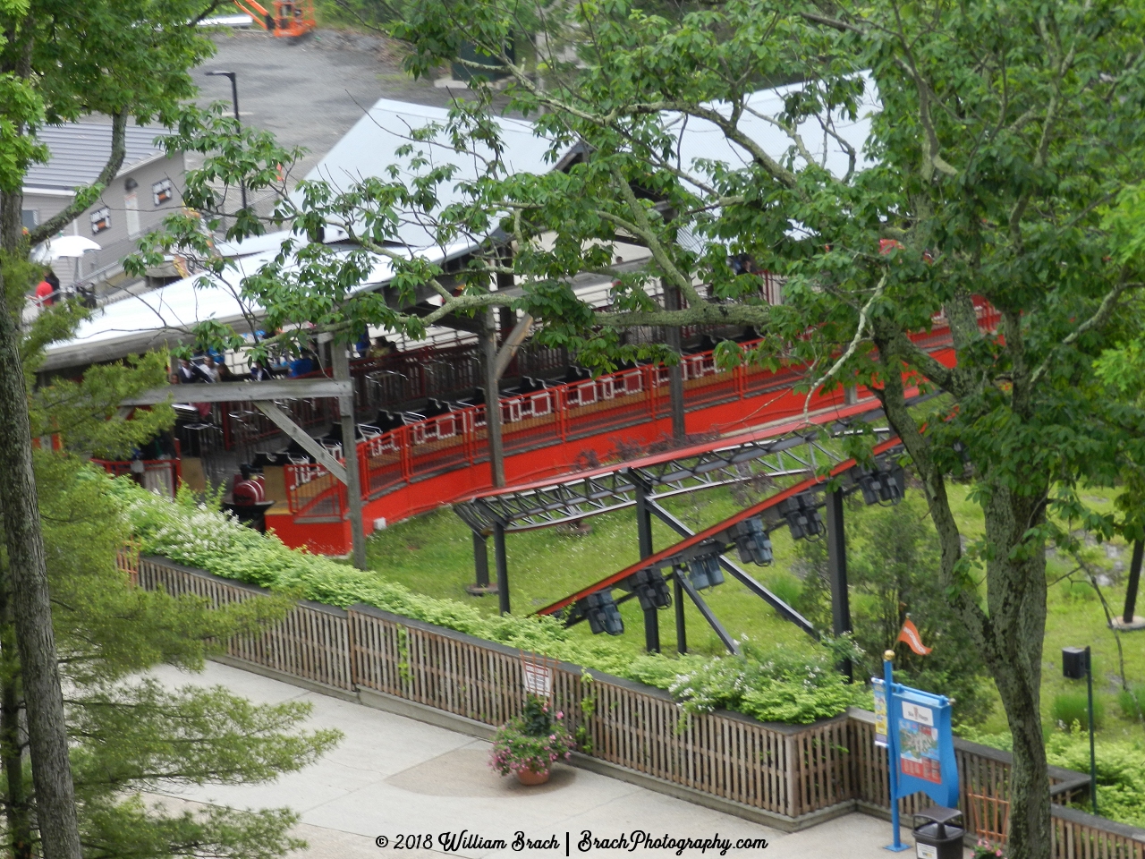 Harley Quinn Crazy Train in the station waiting for its next riders as seen from the Skyway.