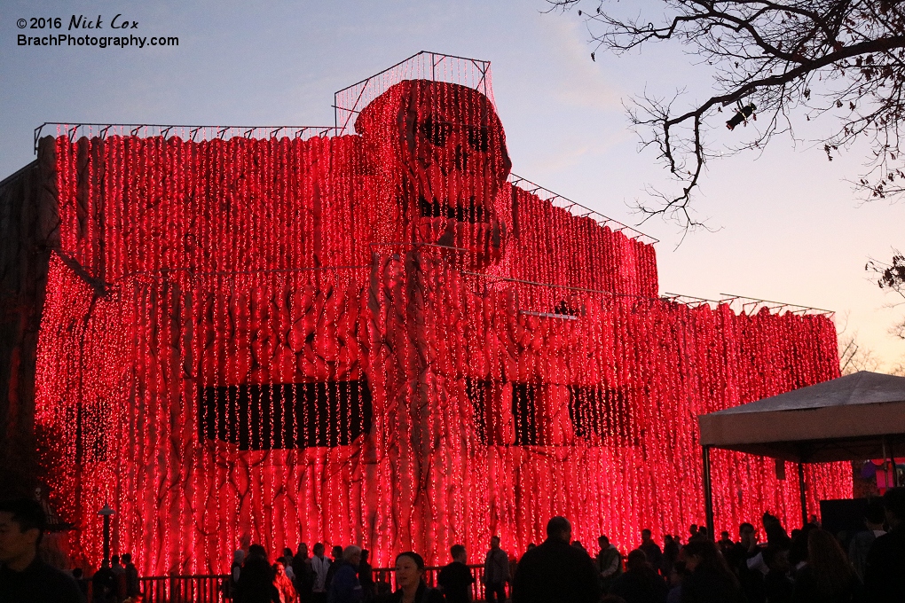 Skull Mountain decorated in lights.