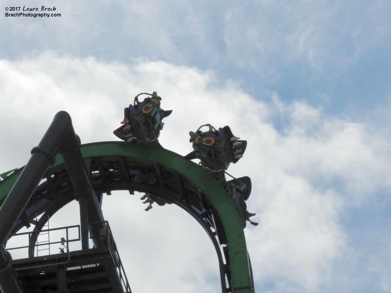 Joker train about to crest over the top of the lift hill.