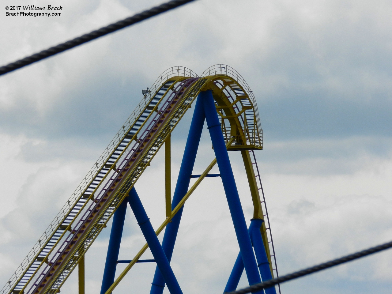 The top of Nitro's lift hill as seen from the Skyway.