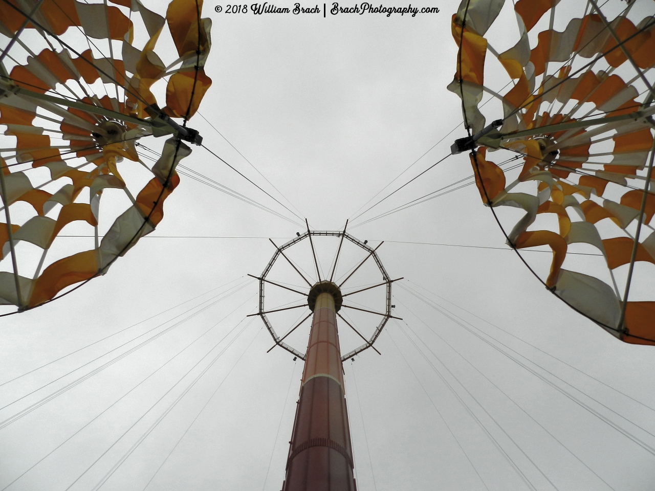 Looking up at the 250ft tall structure and two parachutes in the station.