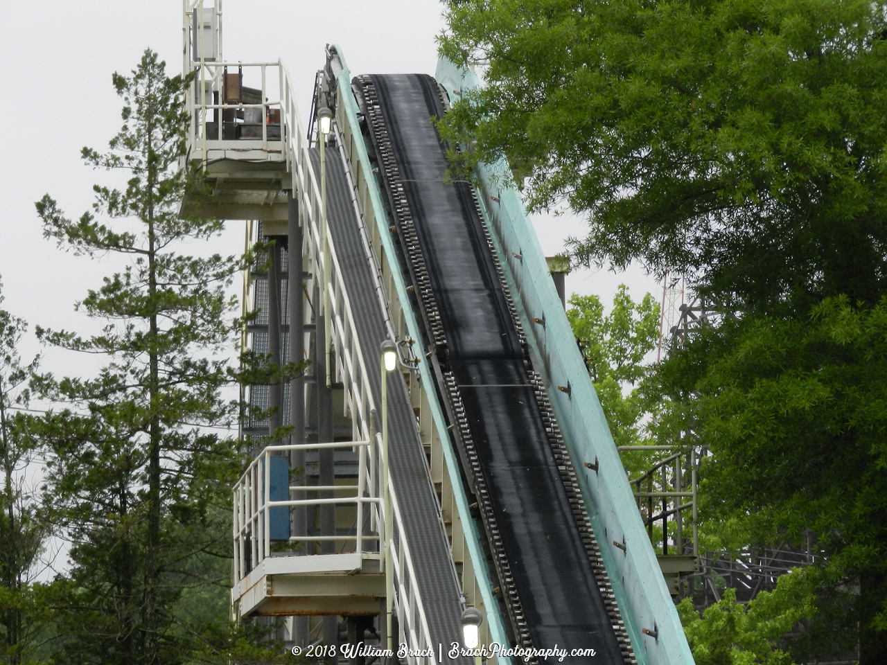 Lift hill of the log flume to the big splashdown.