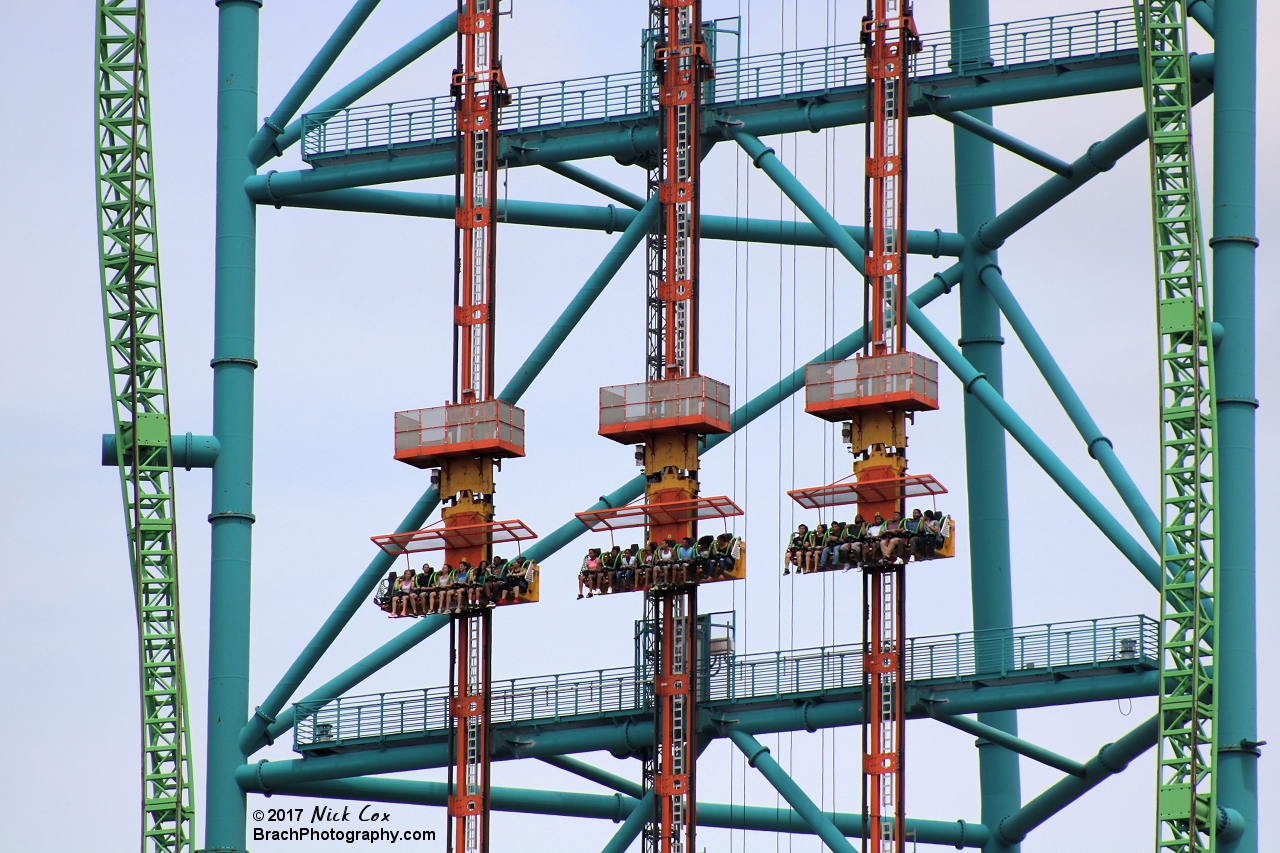 The gondolas going up the 415-ft tower.