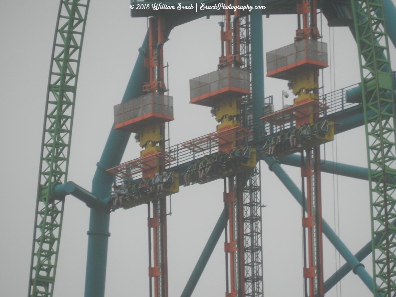 Zumanjaro: Drop of Doom gondolas waiting to drop.