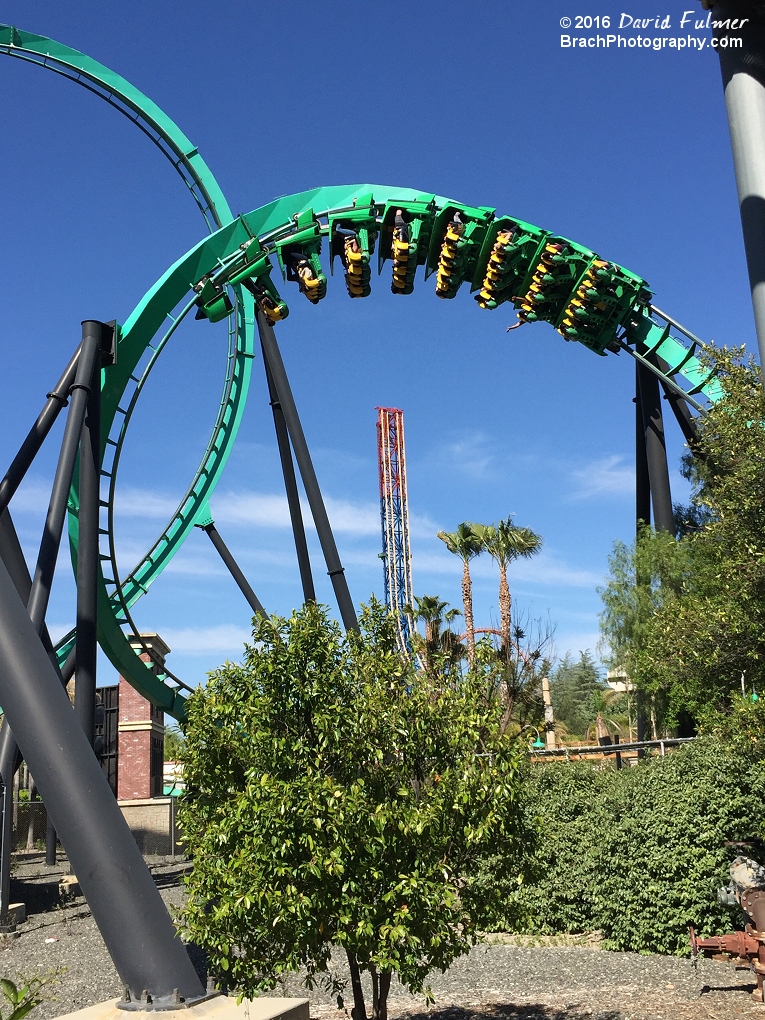 Blinding Green colored coaster and a train running the course.