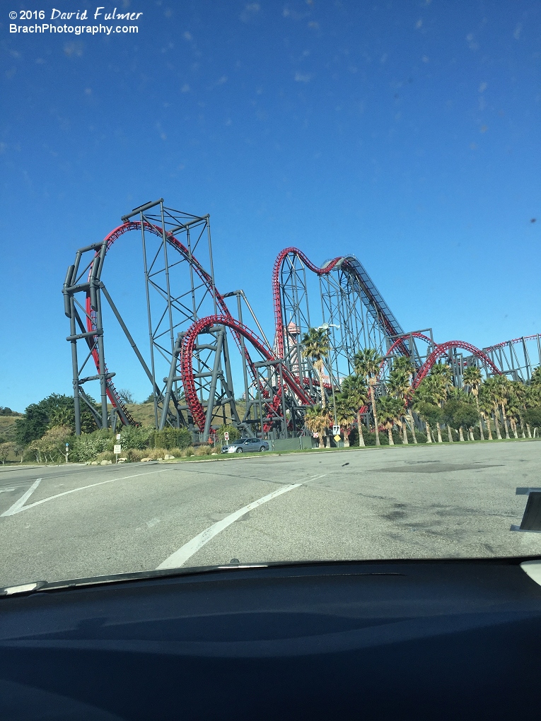 First coaster that we see as we pull in is X2.