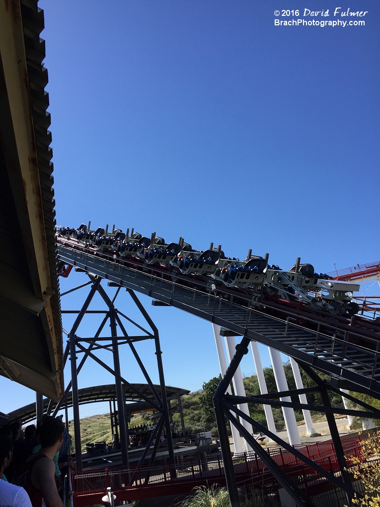 X2 train climbing the lift hill.