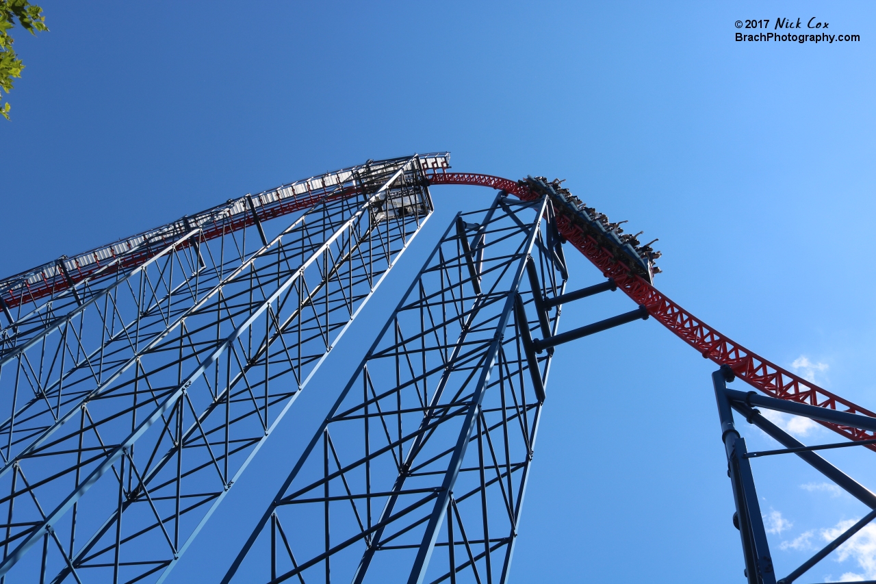 The large drop of this massive hyper coaster.