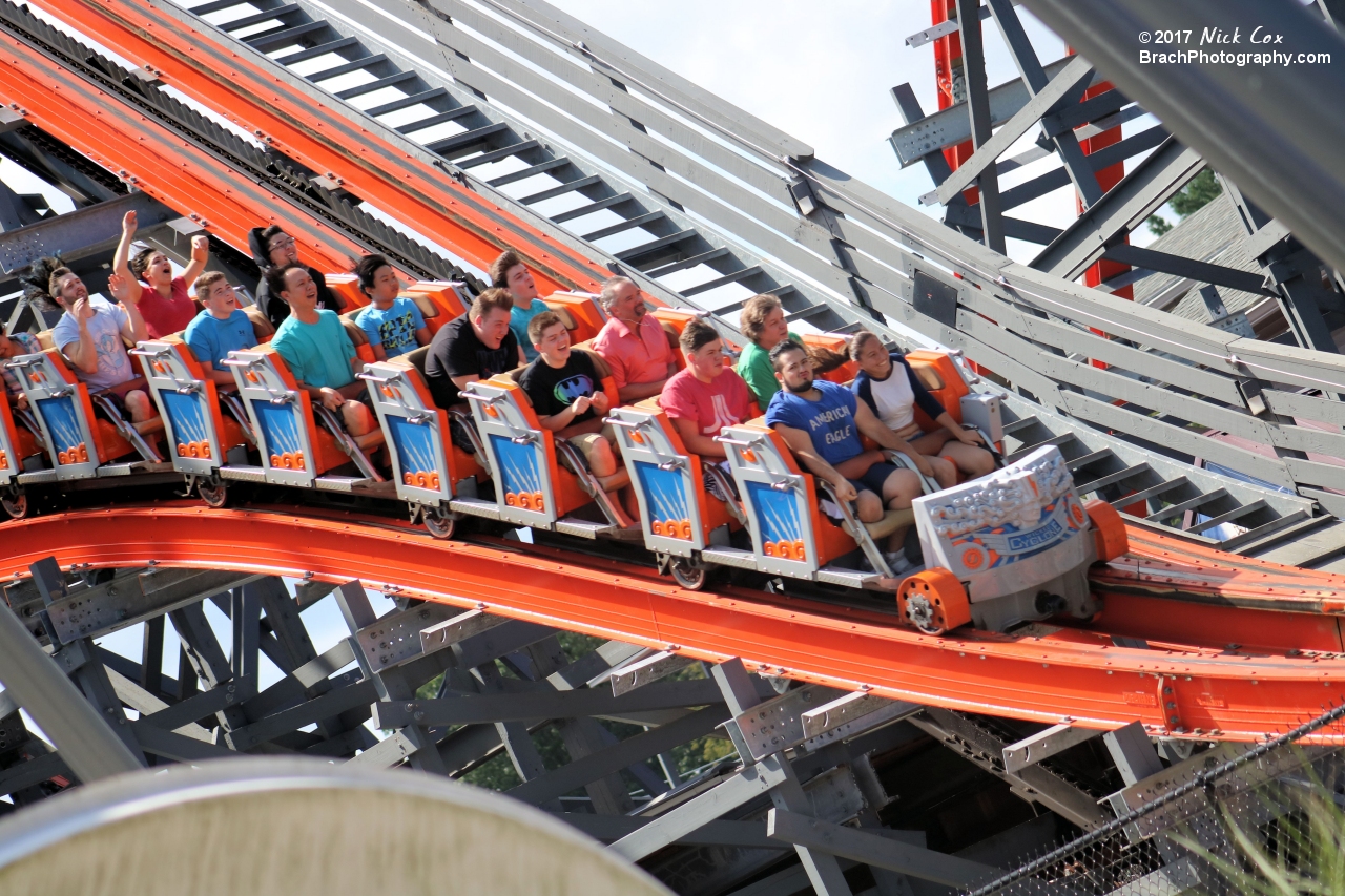 The train flying over an airtime hill.