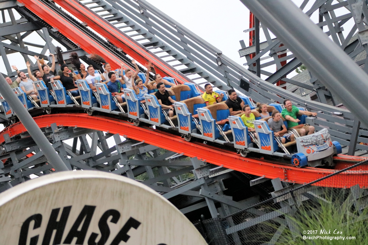 The train flying with some theming around it.