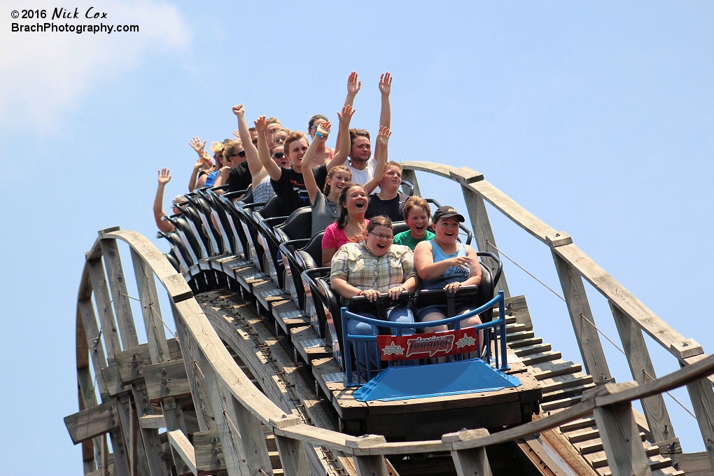 The train cresting one of the airtime hills.