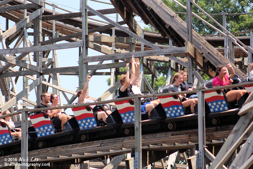 The train jumping over one of the many airtime hills.