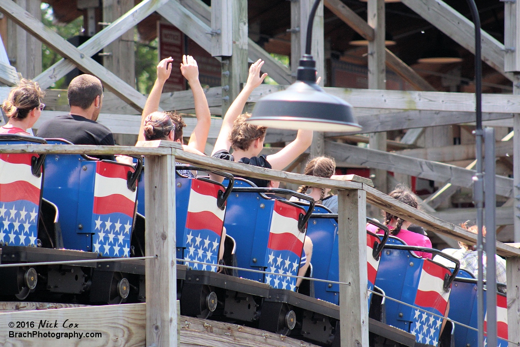 The train jumping over one of the many airtime hills.