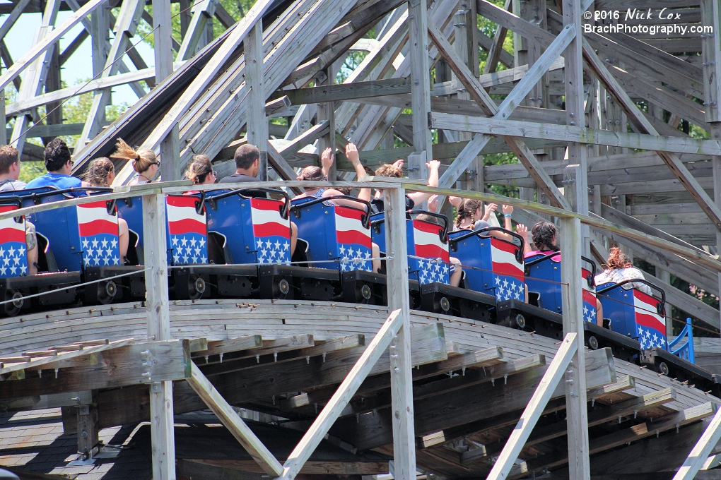 The train jumping over one of the many airtime hills.