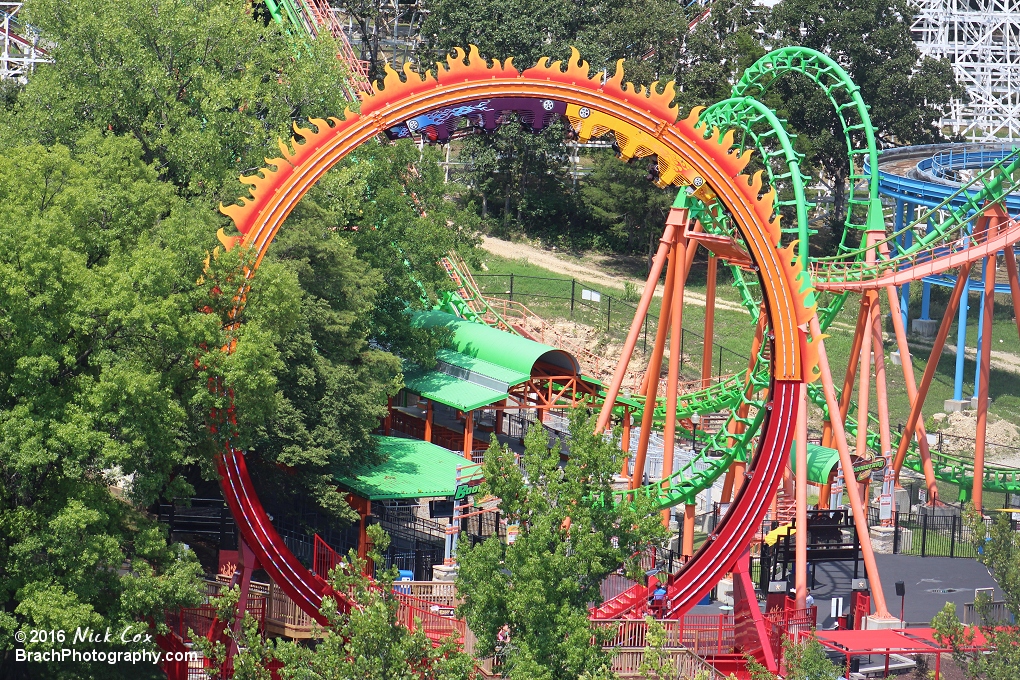 The train upside down from the Ferris Wheel.