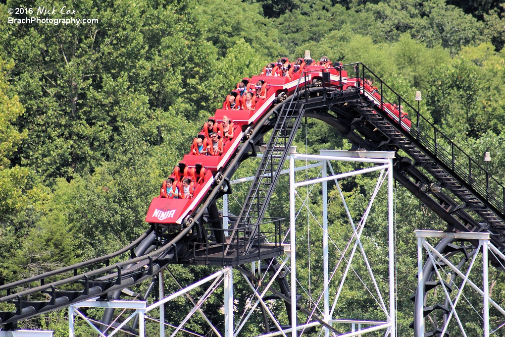 The train at the top of the lift hill.