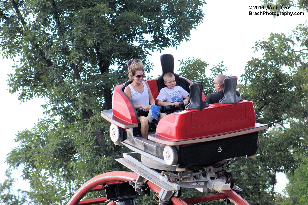 The train headed over an airtime hill.