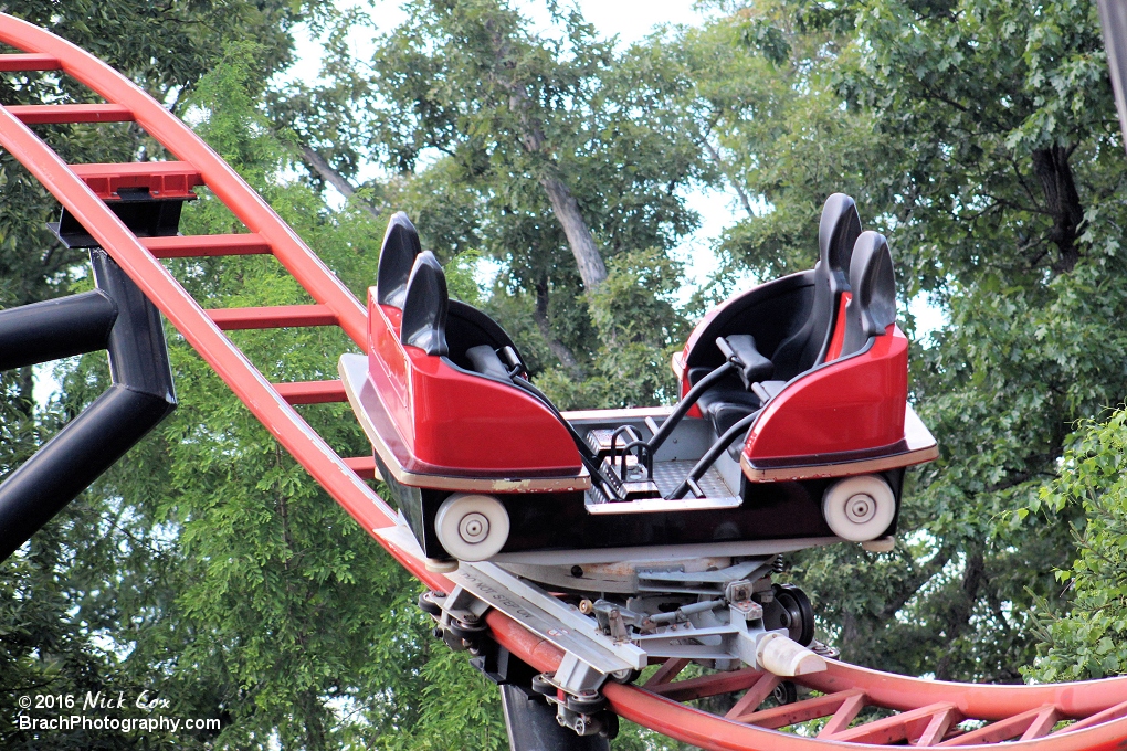 A train at the bottom of a drop.