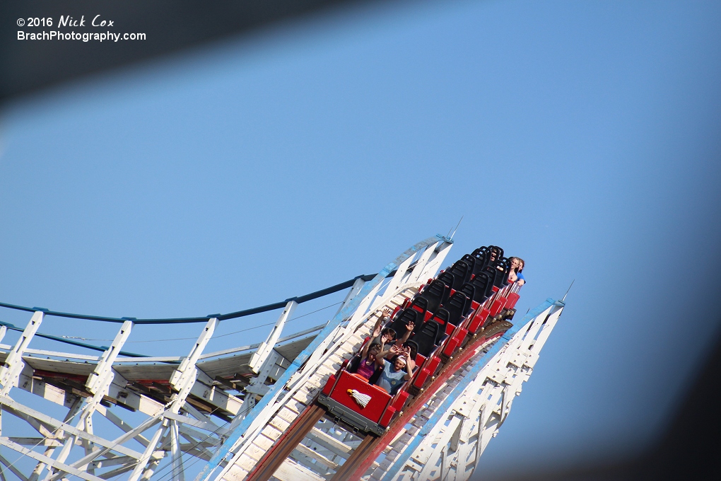 The drop of the classic wooden coaster.