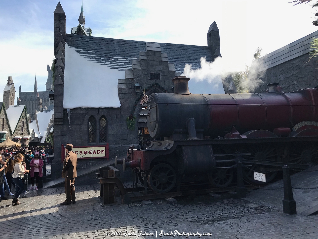 Hogwarts Express train at Platform 9 3/4 waiting to depart.